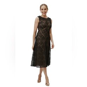 Tadashi Shoji NWT Black Nude Lace Sleeveless Fit and Flare Midi Dress Size 2